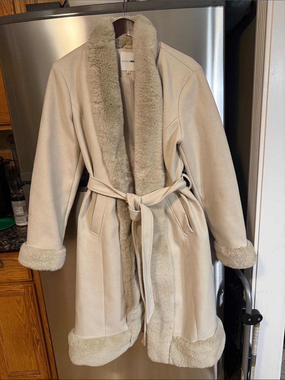 Fashion Nova Cream Faux-Fur Trim Belted Trench Coat